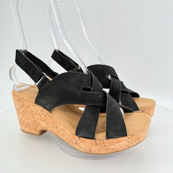 Clarks Giselle Beach Strappy Cork Wedge Heel Platform Sandals Black Size 10M - Picture 1 of 14